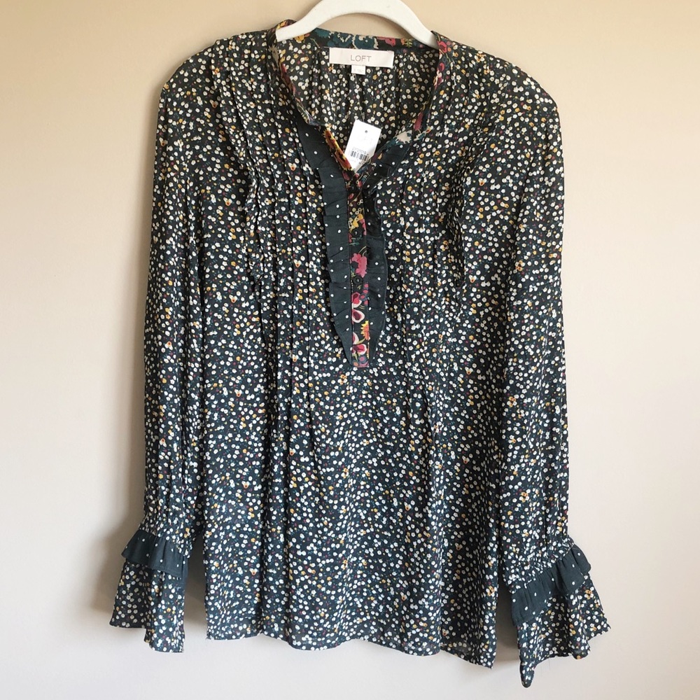 LOFT Long Sleeve Blouse NWT S Floral Polka…